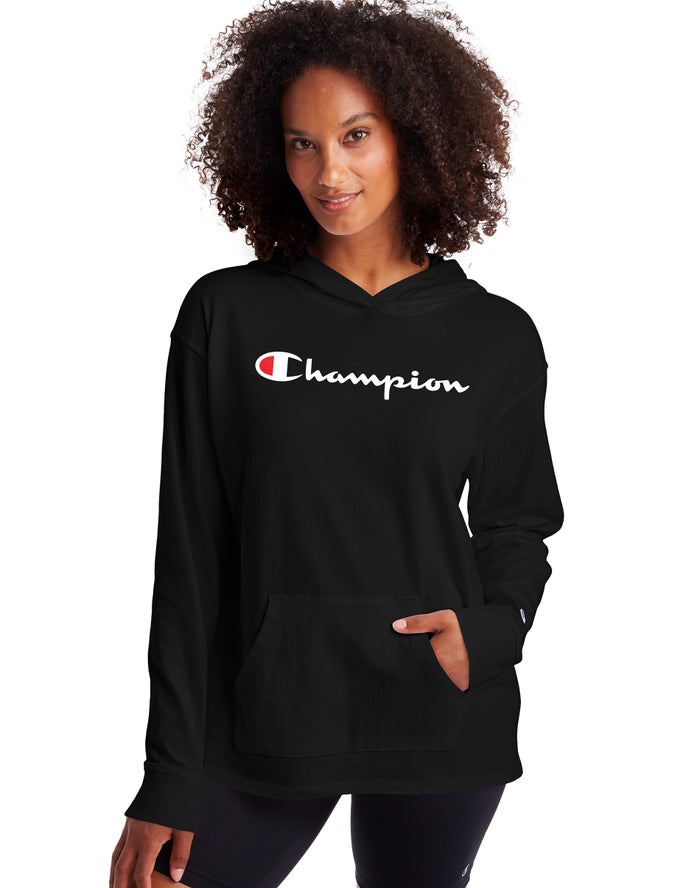 Champion Womens Hoodie NZ - Midweight Jersey Script Logo Black ( 4507-RXBTK )